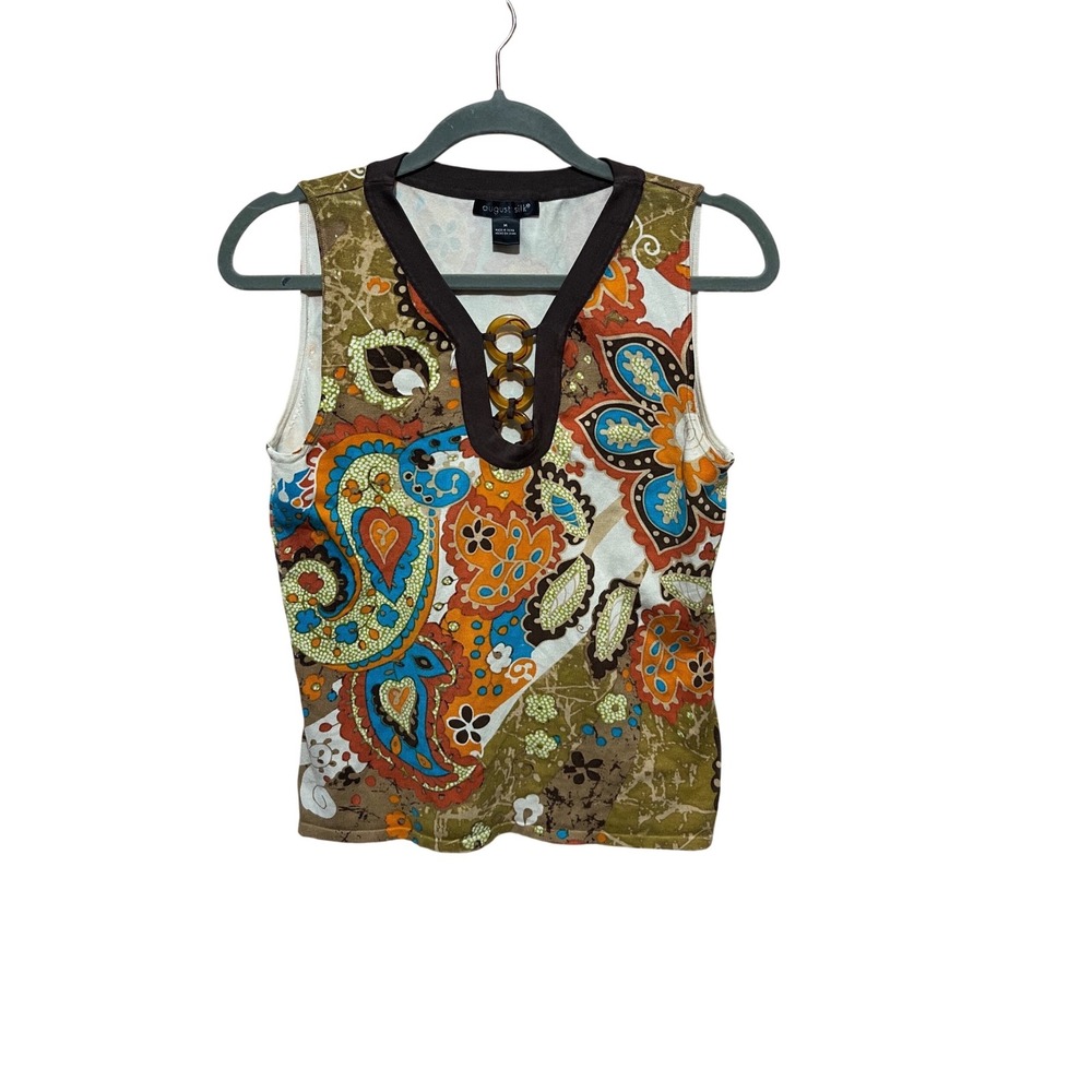 August Silk Paisley Floral Silk Blend Knit Artsy Vibe Tank Top Brown Orange M